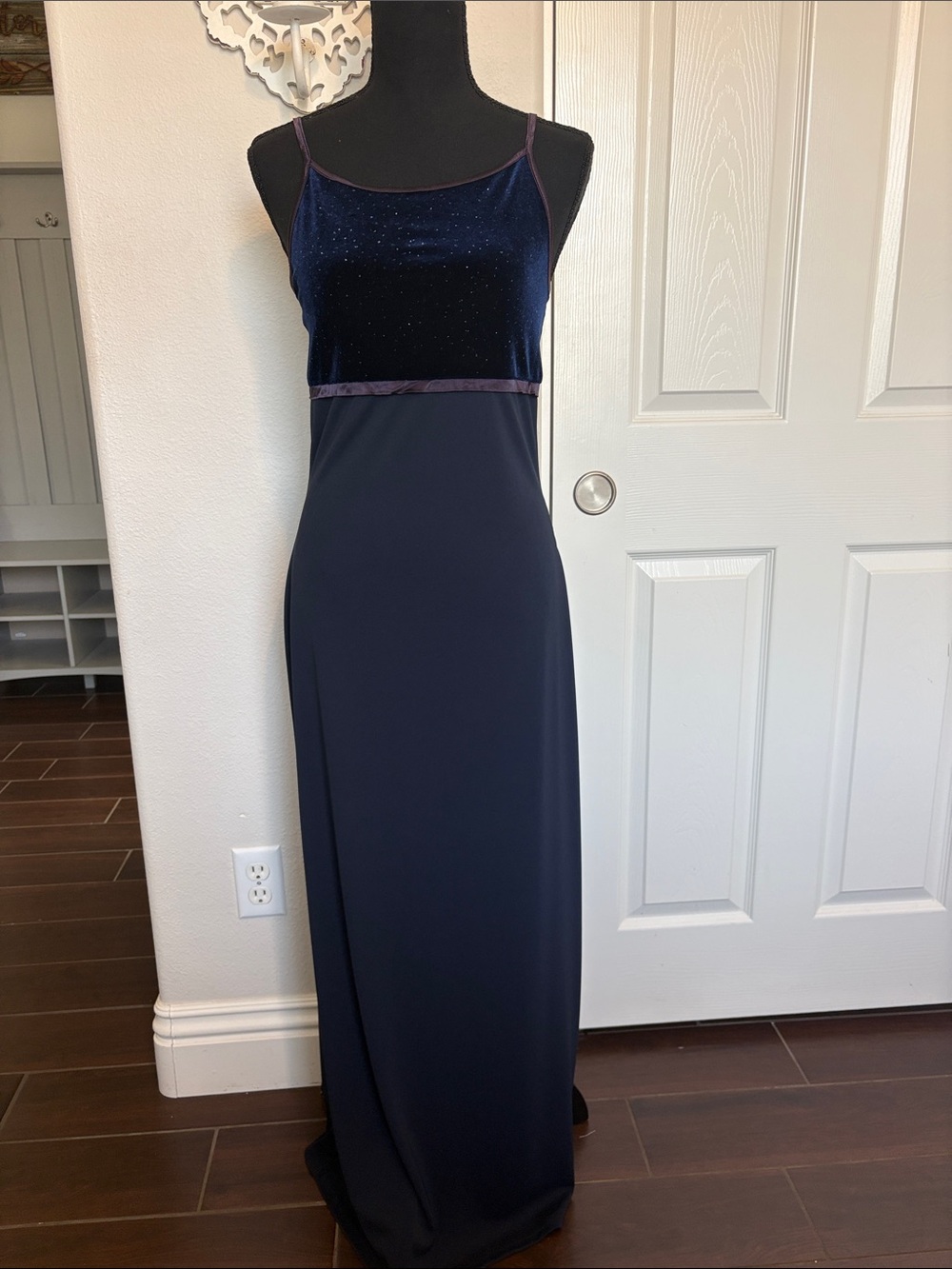 Y2K Navy Blue Velvet-Top Evening Dress by Byer Too.